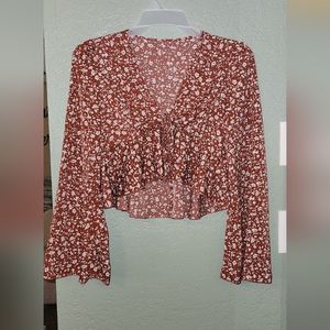 Red floral front tie long sleeve top - New